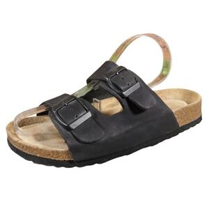 Cushionaire Lane Womens 6 Black Vegan Leather Cork Footbed Comfort Fit Sandals